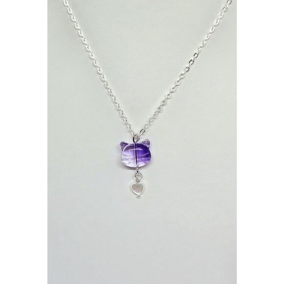 Glass Cat Charm Necklace Shell Heart Silver Chain for Kids and Cat Lovers - Picture 2 of 4